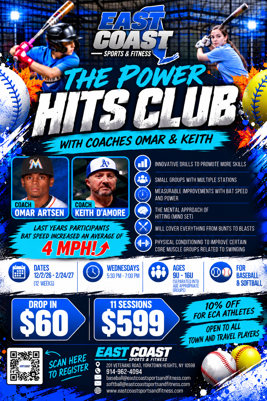 The Power Hits Club with Coaches Omar Artsen and Keith D'Amore. Last year's participants' bat speed increased an average of 4 MPH. Innovative drills to promote more skills, small groups with multiple stations, measurable improvements with bat speed and power, the mental approach of hitting, will cover everything from bunts to blasts, physical conditioning to improve core muscle groups related to swinging. Dates 12/2/26 to 2/24/27, 12 weeks. Wednesdays 5:30 PM to 7:00 PM. Ages 9U to 16U separated into age appropriate groups, for baseball and softball. Drop in $60, 11 sessions $599. 10% off for ECA athletes, open to all town and travel players.